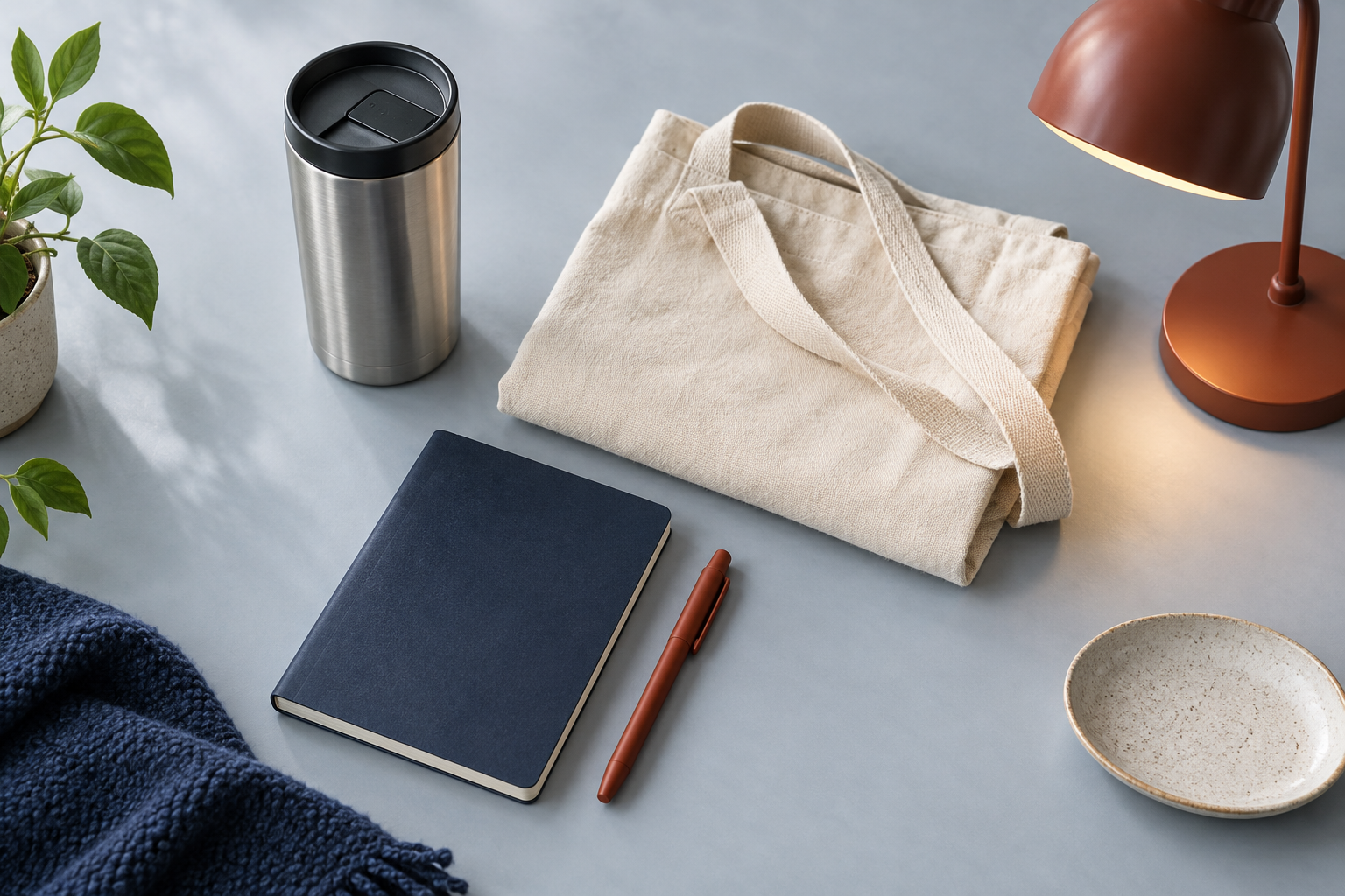 An unbranded travel mug, notebook, tote, and reading lamp arranged on a tabletop